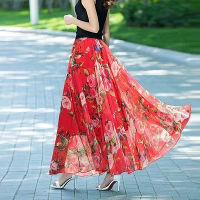 Women Skirts 2019 Summer Mesh Flower Print Elastic Waist Bohemian A-Line Sweet Chiffon Long Female Bottoms Ladies Casual Skirt