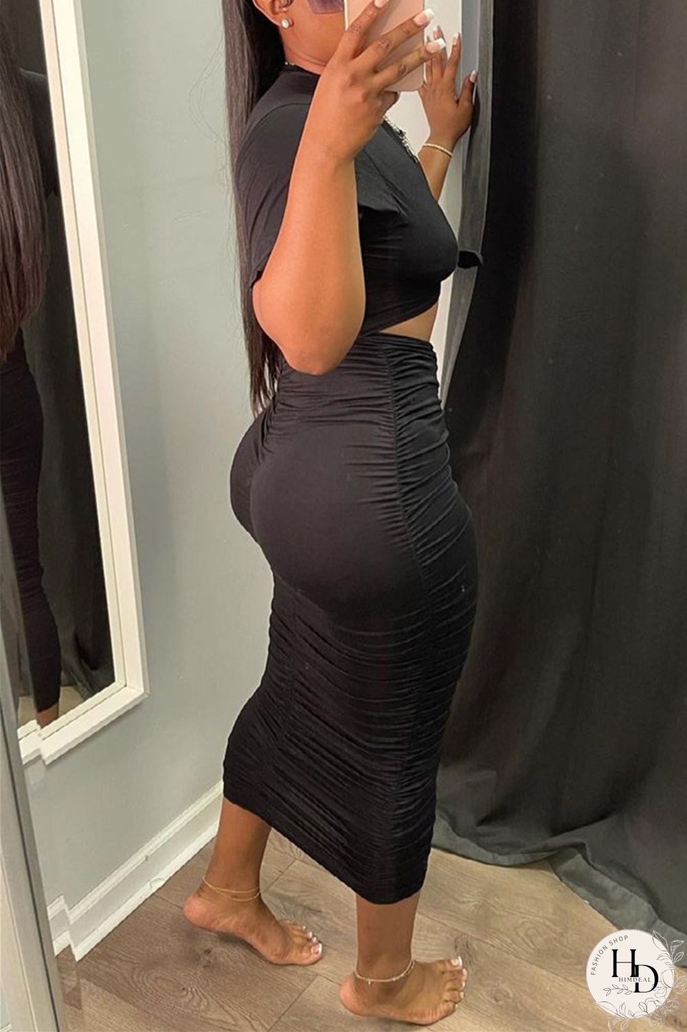 Orange Sexy Casual Solid Hollowed Out Fold O Neck Short Sleeve Dress