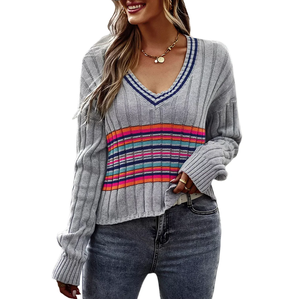 Gray Splicing V Neck Pullover Sweater