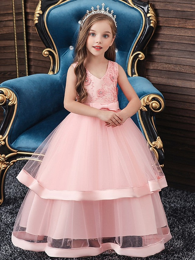 Oknass Ball Gown Sleeveless V Neck Flower Girl Dresses Tulle  With Sash  Ribbon  Bow Tier