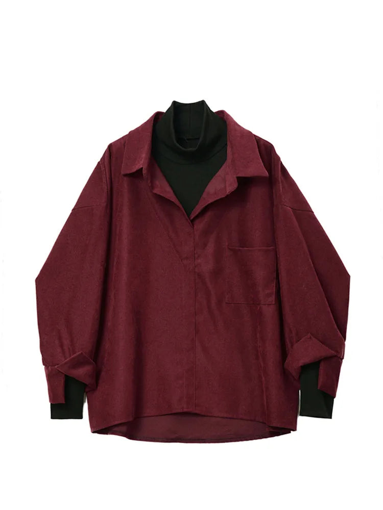 Aiertu Fake Two Piece Shirt Women Patchwork Turtleneck Turn-down Collar Autumn Winter Casual Lady Long Sleeves Female Loose Blouse Tops Aiertu