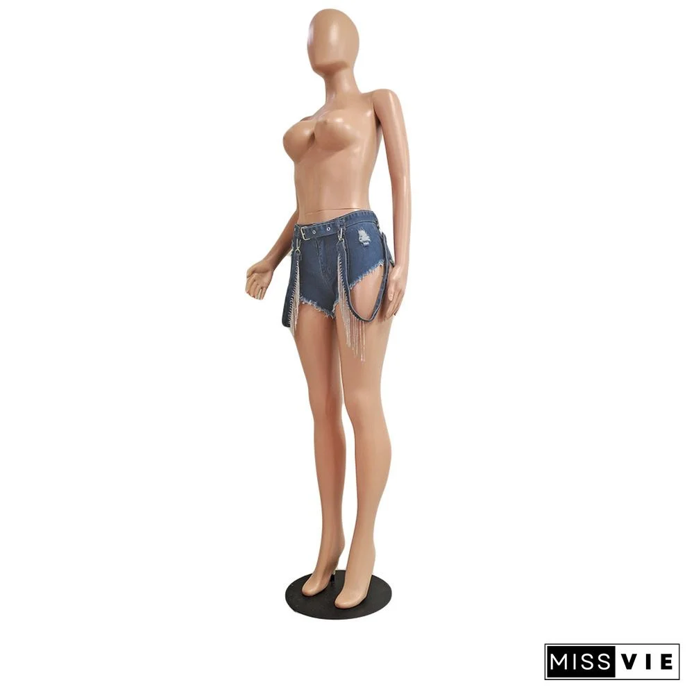 Low Waist Ripped Holes Tassel Hot Drill Denim Shorts