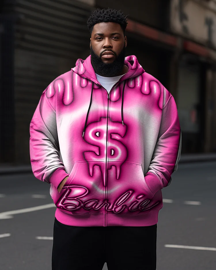 Men's Plus Size Casual Pink Art Money Pattern Zip Hoodie
