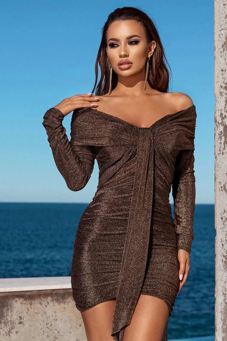 Promsstyle Off shoulder ruched fitted mini dress Prom Dress 2023
