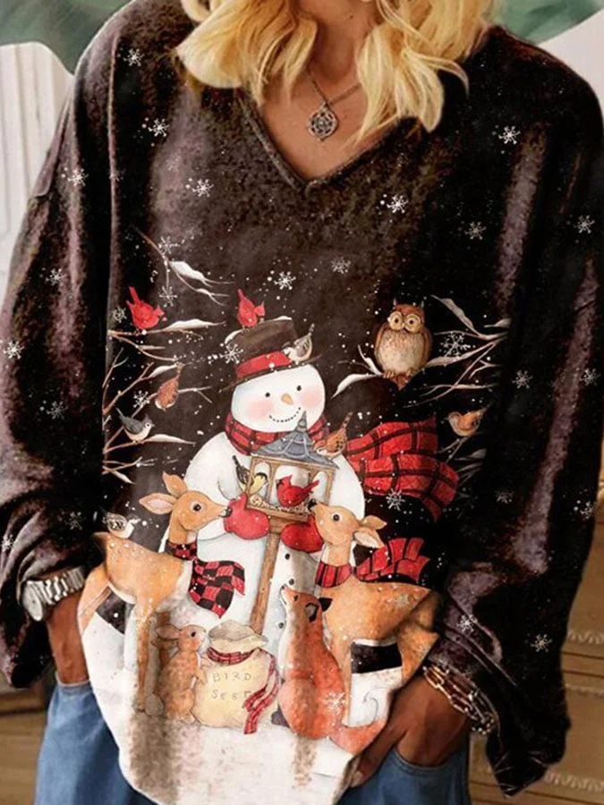 Christmas V-Neck Print Long Sleeve T-Shirt