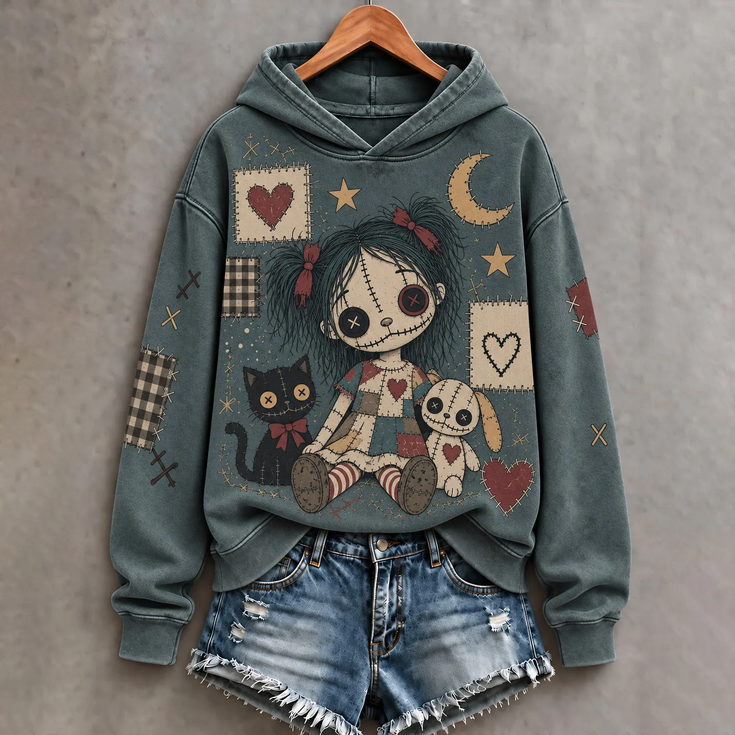 Comstylish Women's Halloween Patchwork Doll Art Print Hoodie