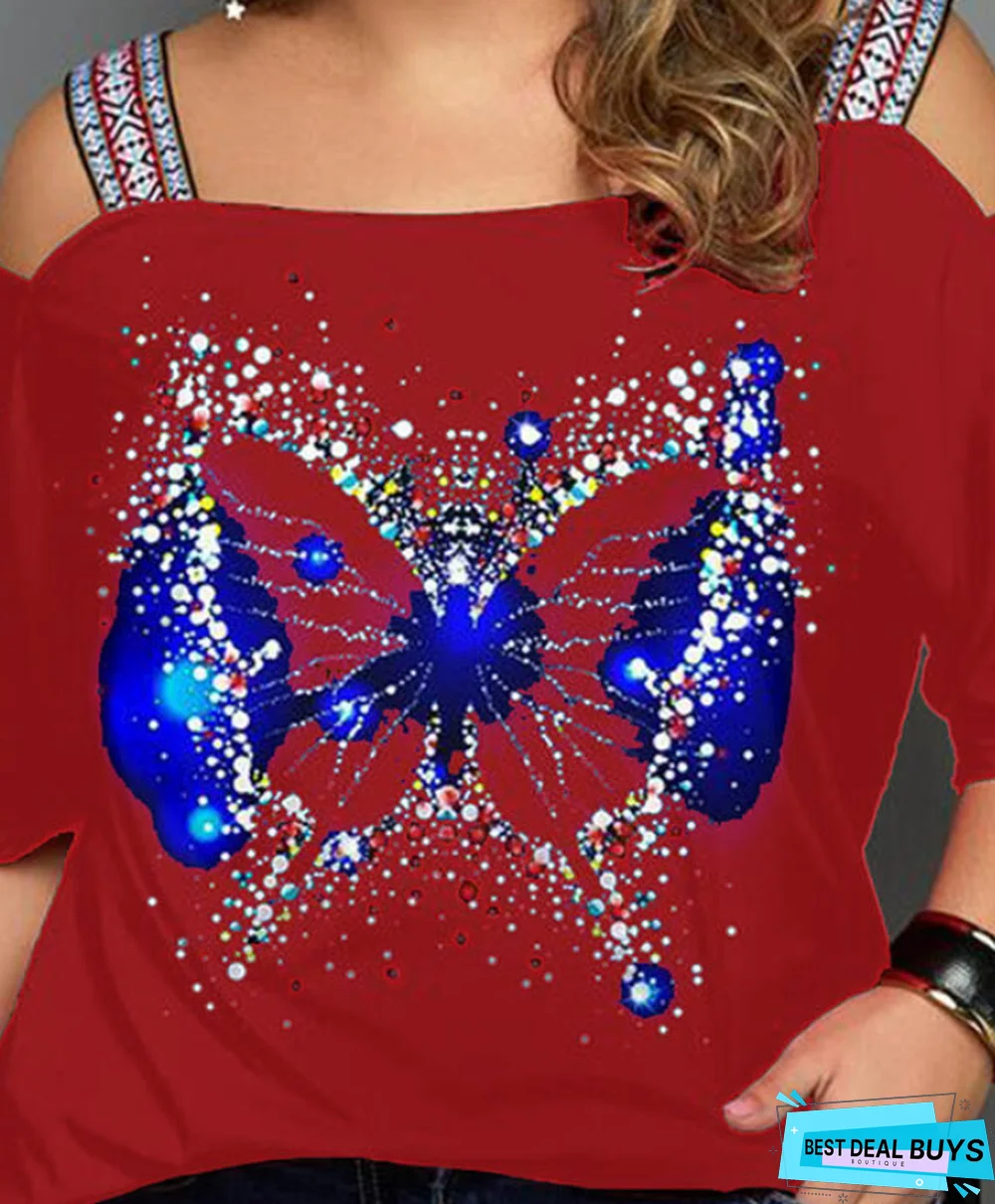 Print Cold Shoulder 3/4 Sleeves Casual Plus Size Blouses