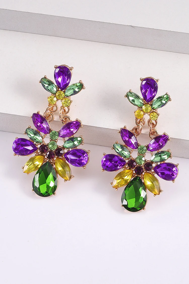 Mardi Gras Multicolor Rhinestones Water Droplet Flower Shaped Diamond Earrings 2024 - Xpluswear