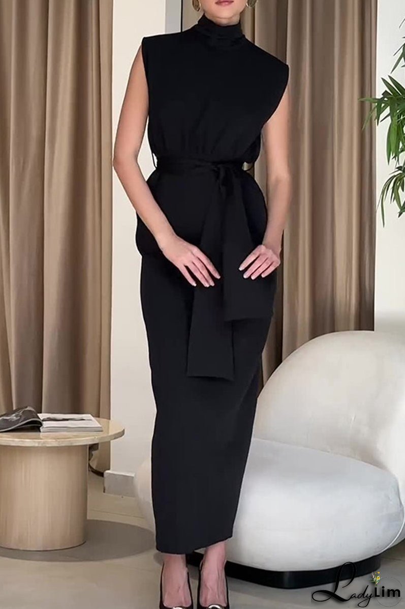 Elegant Solid Slit With Belt Half A Turtleneck One Step Skirt Dresses