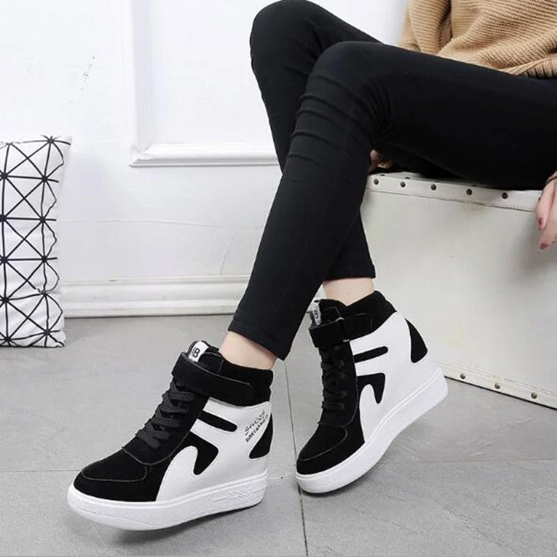 NEW Thick Platform Sneakers Casual Lace-Up Wedges High Heel Womens Sport Shoes Outdoor Black Red Platform Vulcanize Shoes Women