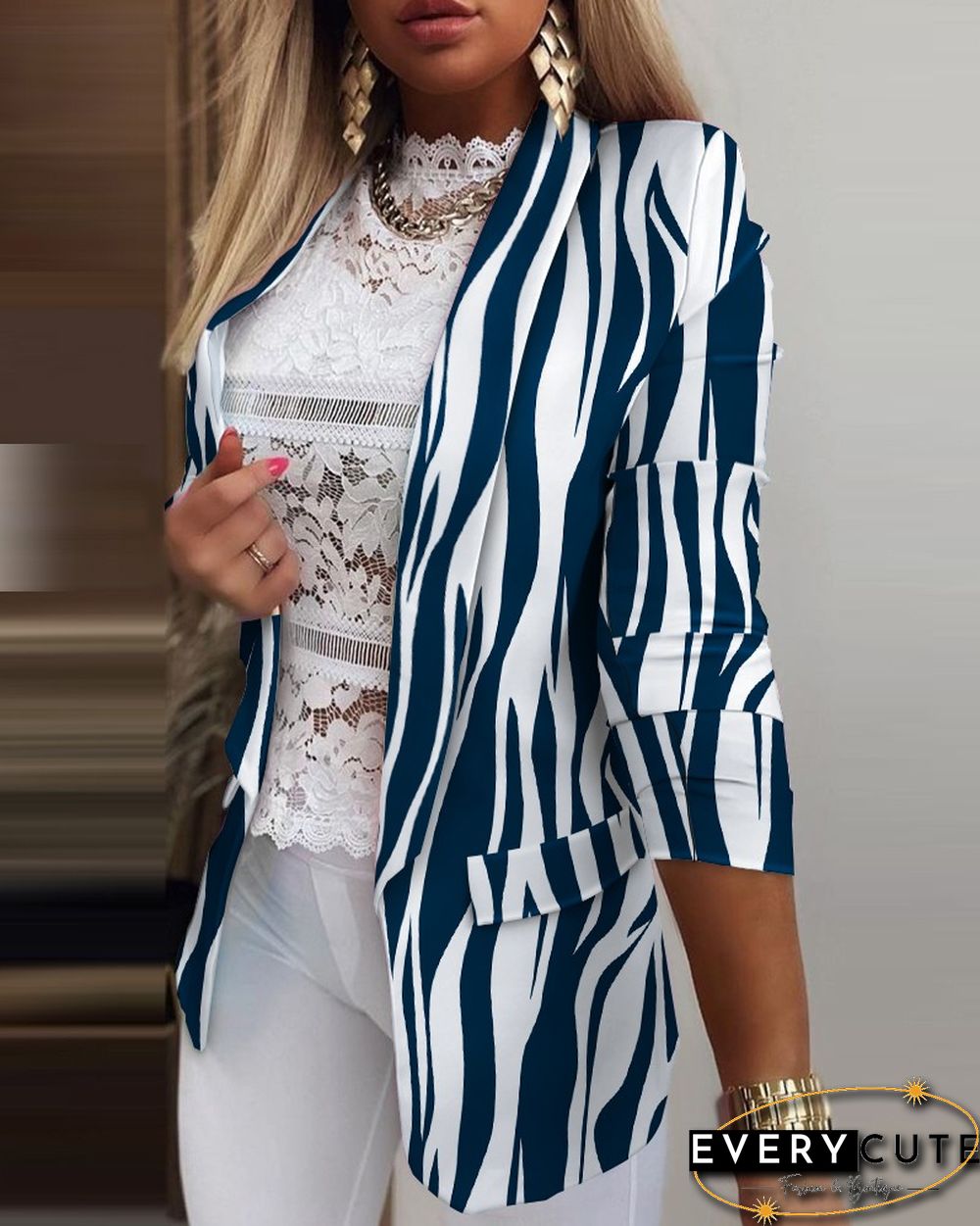 Zebra Stripe Shawl Collar Open Front Flap Detail Blazer