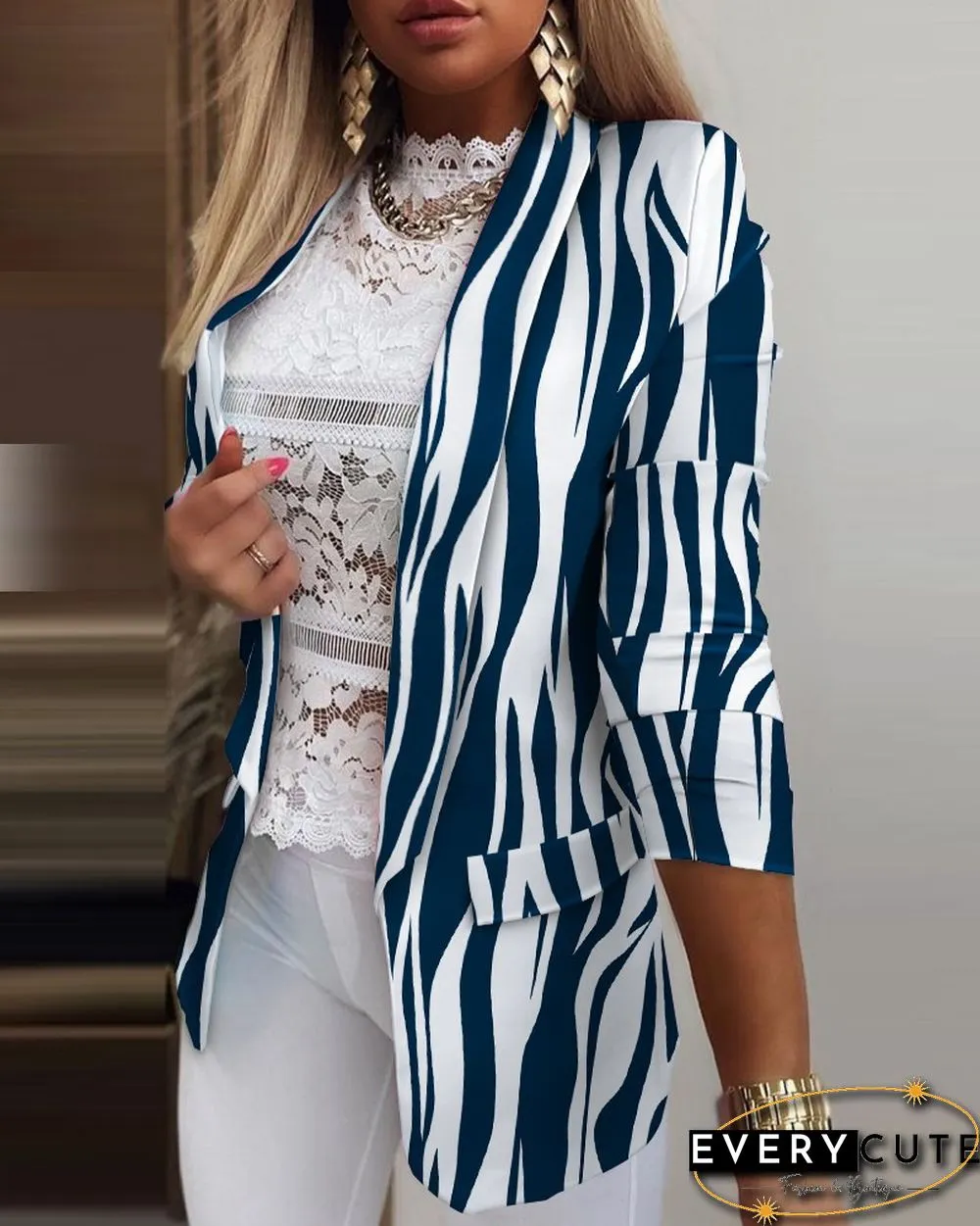 Zebra Stripe Shawl Collar Open Front Flap Detail Blazer