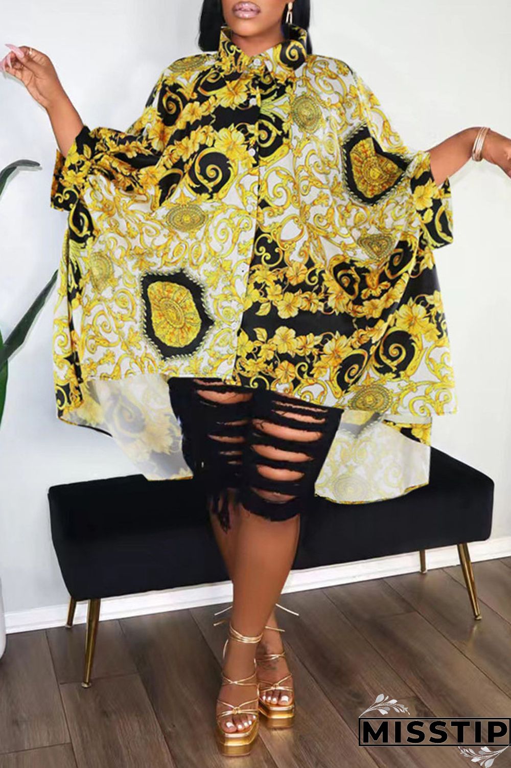 Gold Casual Print Patchwork Buckle Turndown Collar Tops