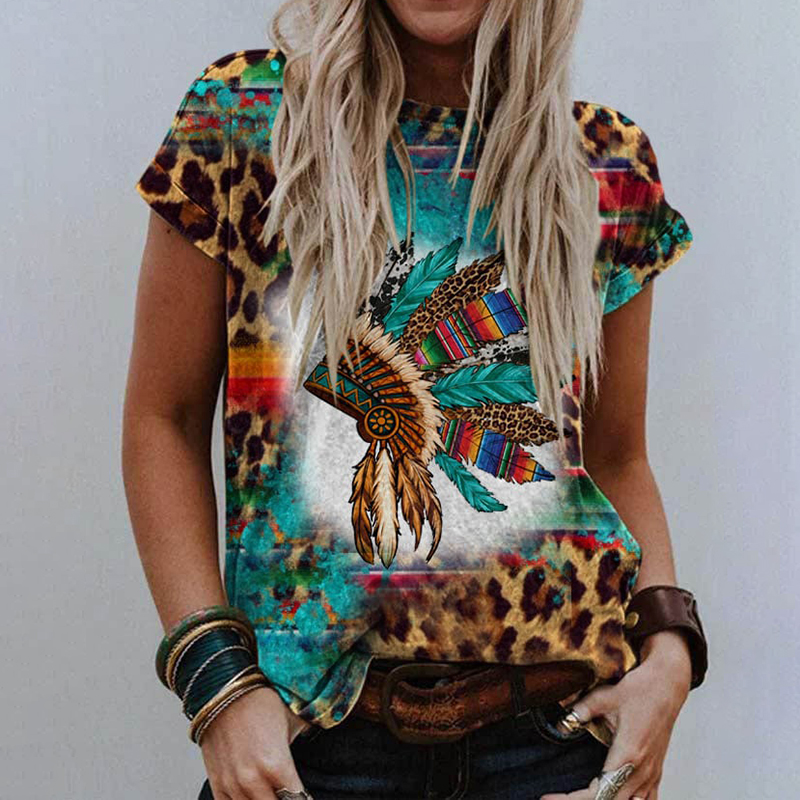 Leopard Turquoise Cowhide Indian Headdress Print Casual T-Shirt wearshes