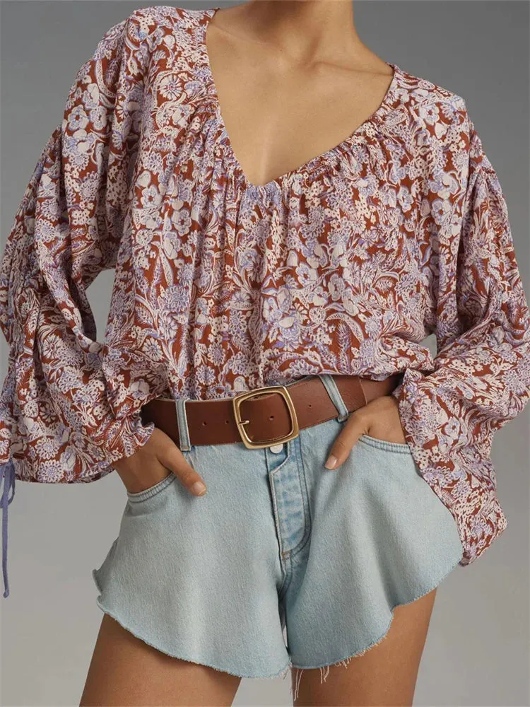 Floral Tie-Up Flare Sleeve Boho Blouse