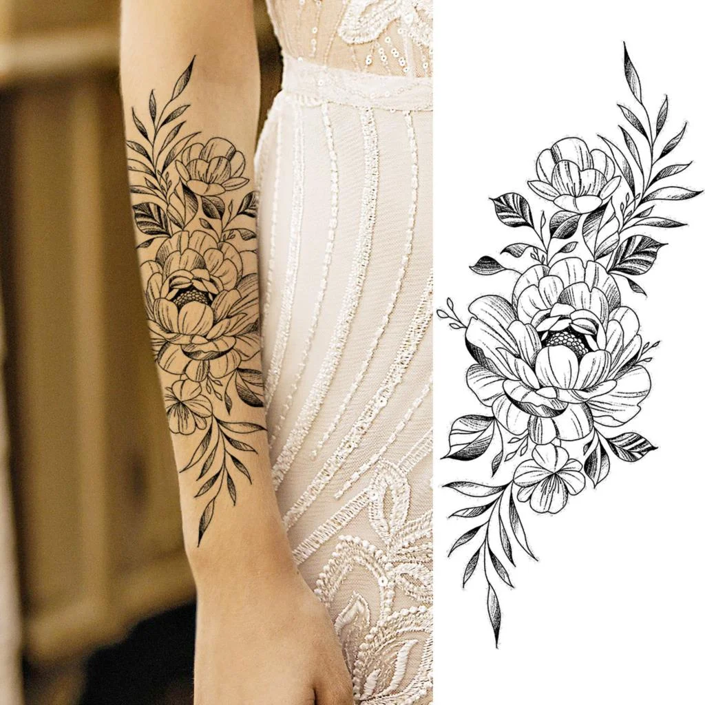 Realistic Rose Flower Sexy Boobs Temporary Tattoos For Women Adult Girl Peony Moon Round Fake Tattoo Fashion Half Sleeve Tatoos