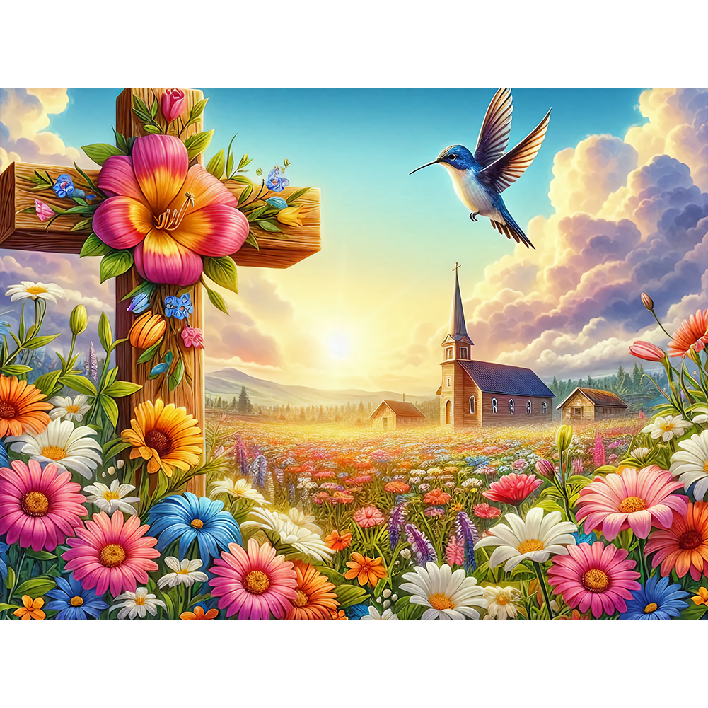 Garden Hummingbird Cross 40*30cm(canvas) full round drill diamond painting