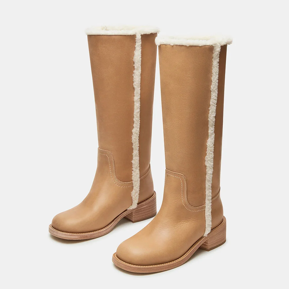 Tan Round Toe Furry Edge Slip On Knee-High Heel Boots for Women