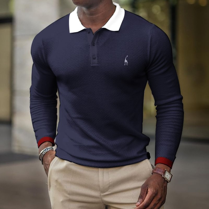 Men's Solid Color Casual Long Sleeve Polo Shirt