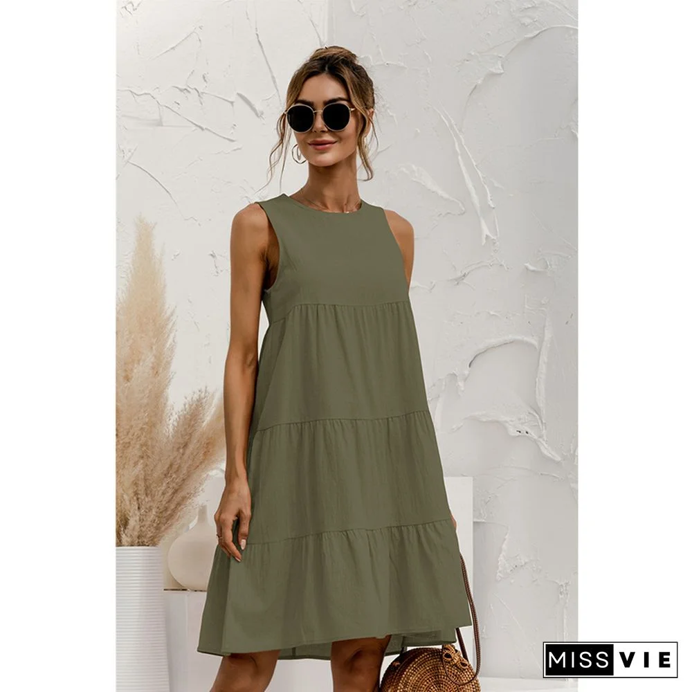 Summer Women Vest Dress Cotton O-Neck Sleeveless Solid Midi Dress Stitching Large Swing Casual Loose Sundress Vestidos