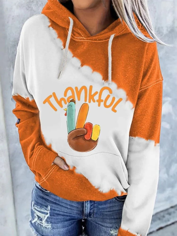 Wearshes Thankful Cute Turkey Hand Tie Dye Contrast Hoodie
