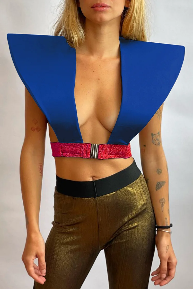 Geometric Exaggerated Shoulder Blue Crop Vest