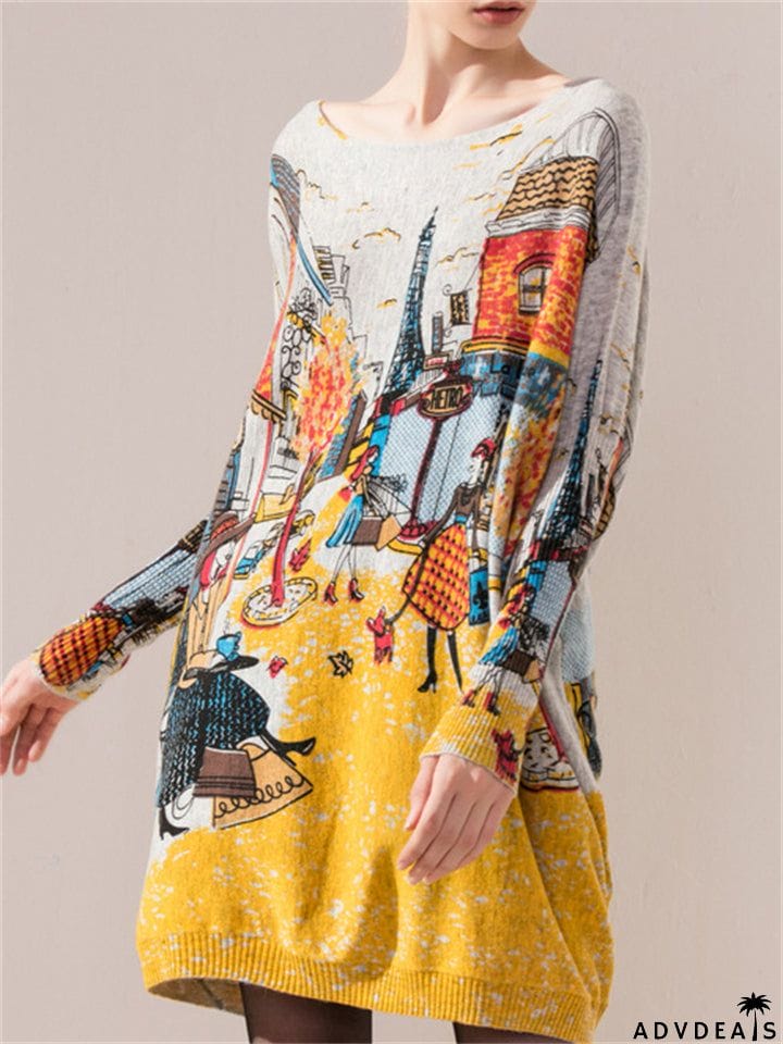 Autumn Winter  Large Size Knitting Pullover Printed Graffiti Women's Dresses