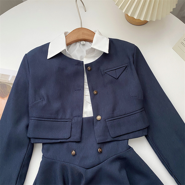 Y2K 3 Piece Set Women Cropped Coat + Long Sleeve Shirt + High Waist Halter Ruffles Mini Dress Korean Chic Fashion Sexy Outfits