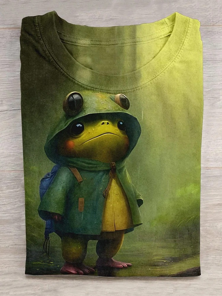 Cute Frog Illustration Art Casual Print T-shirt