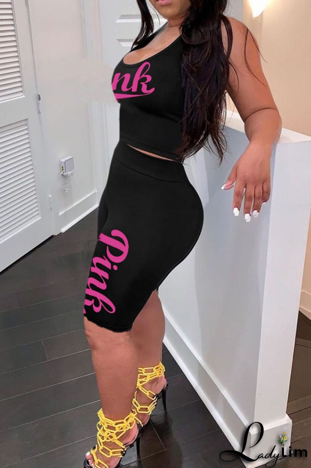 Black Fashion Casual Sportswear Letter Print Basic U Neck Sleeveless Two Pieces