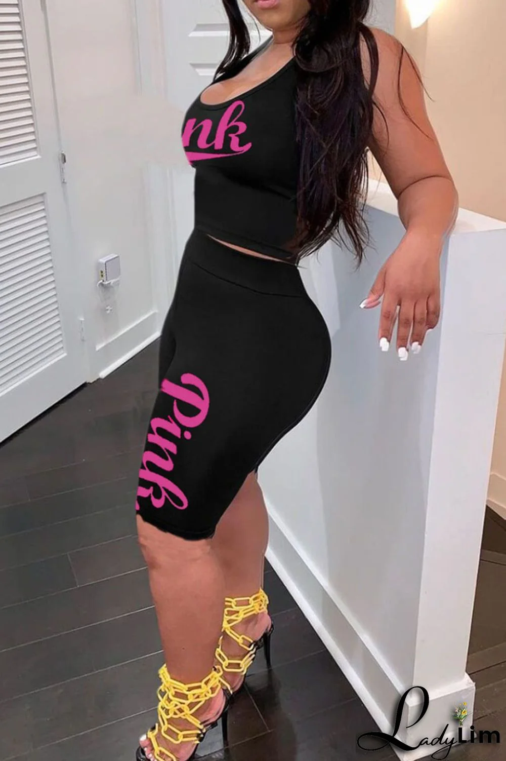 Black Fashion Casual Sportswear Letter Print Basic U Neck Sleeveless Two Pieces