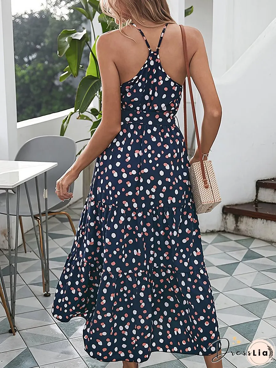 Polka Dot Loose Printed Halter Neck Sleeveless Midi Dress