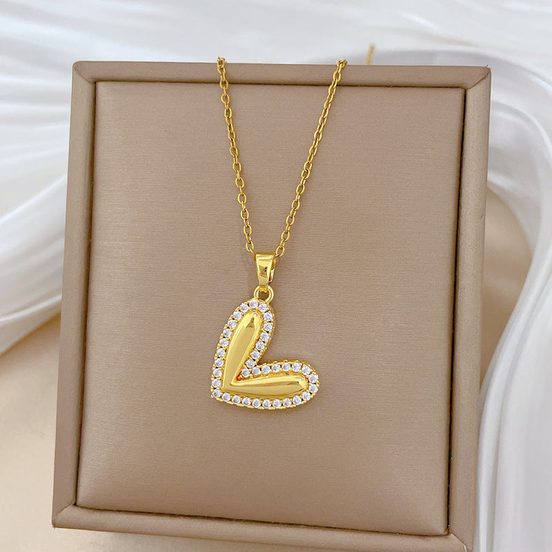 Love Heart Polished Peach Heart Gorgeous Full Diamond Necklace Women'S All-Match Clavicle Chain Titanium Steel Chain