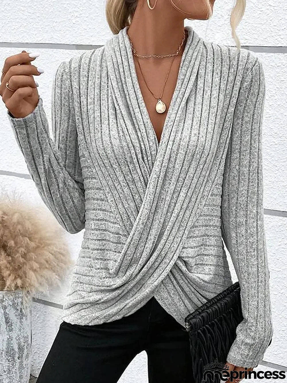 Women's Shirt Blouse Plain Work Blue Gray Long Sleeve Fashion V Neck Regular Fit Fall & Winter