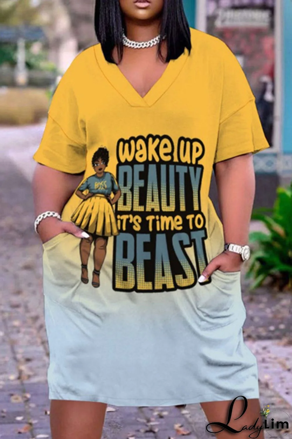 Rose Red Casual Gradual Change Print Pocket V Neck Straight Dresses