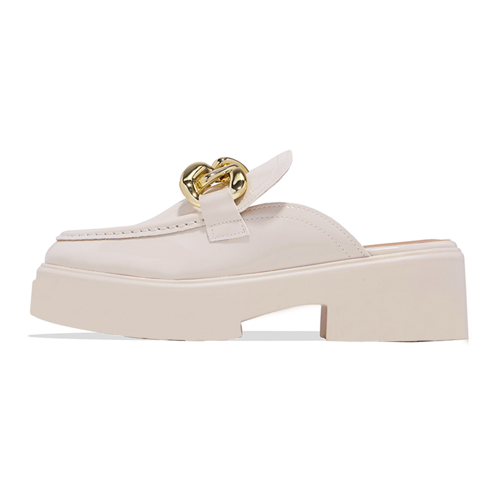 Beige Patent Leather Round Toe Chunky Mule Loafers with Metal Chain Nicepairs