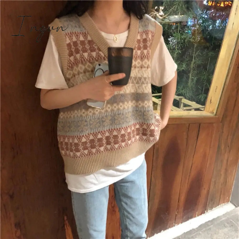 Ingvn - New Vintage V - Neck Knitted Vest Sweater Women Sleeveless Pullover Elasticity Loose Female