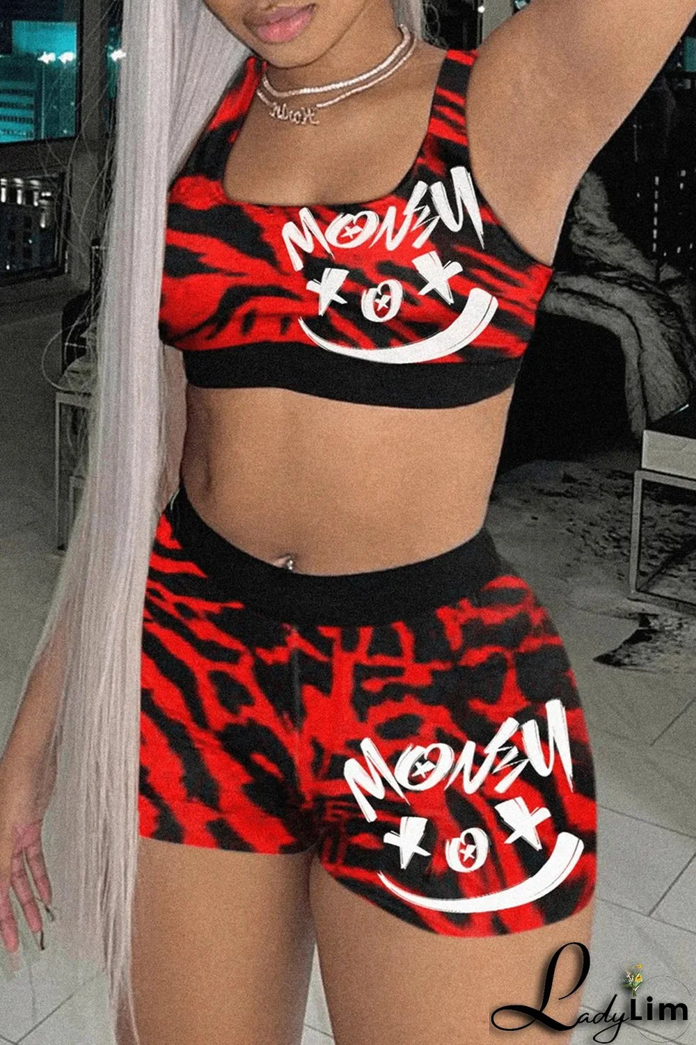 Red Fashion Casual Sportswear Print Basic U Neck Sleeveless Two Pieces