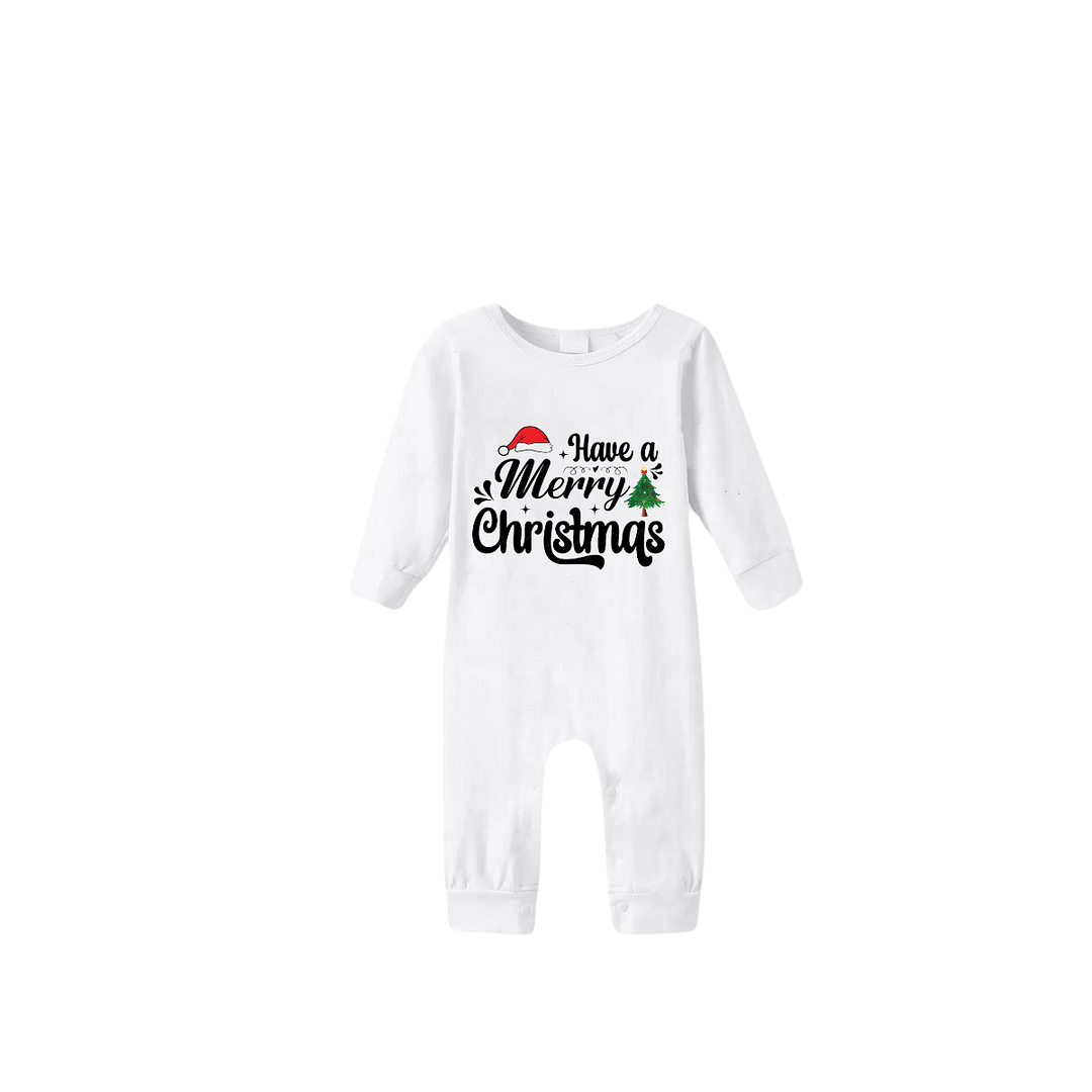 "Have a Merry Christmas" Letter Print White Long Sleeve Top with Red & Green Plaid Pants Family Matching Pajamas
