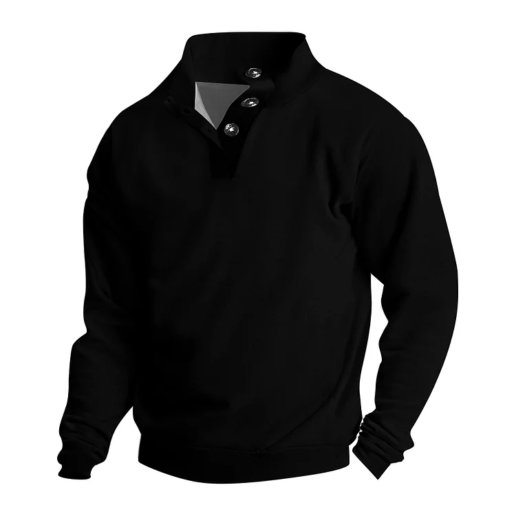 Men's Solid Color Black Casual Printed Button Stand Collar Sweatshirt