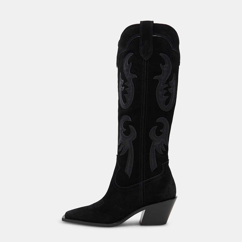 Black Square Toe Faux Suede Wide Calf Knee-High Boots with Block Heels Nicepairs