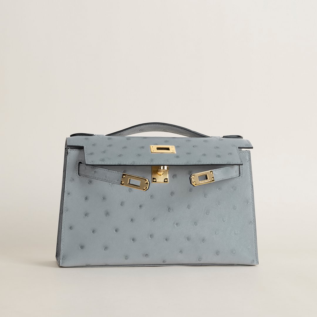 Kelly pochette Ostrich 8U Blue Glacier GHW