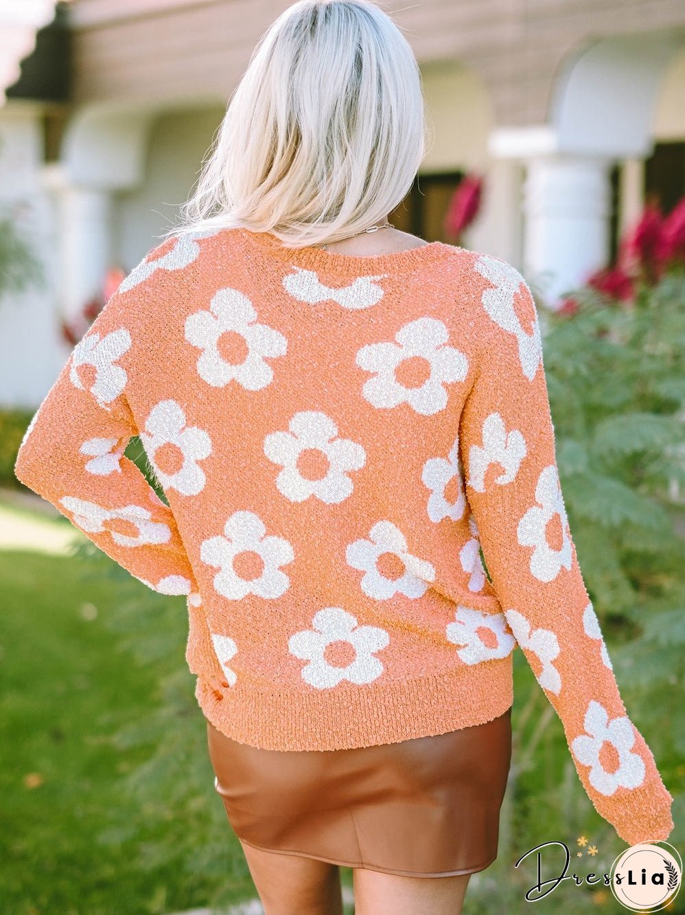 Grapefruit Orange Floral Knit Drop Shoulder Sweater with Fuzzy Texture