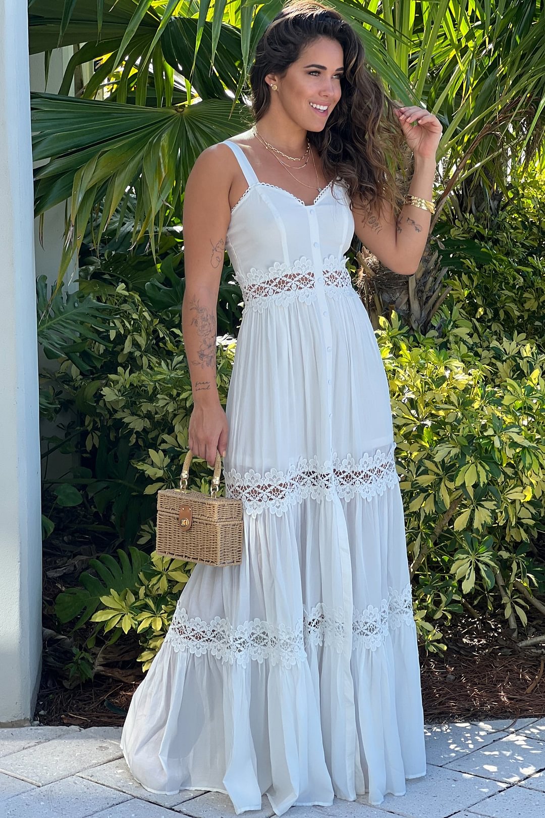 Ivory Maxi Dress With Crochet Trim And Slit