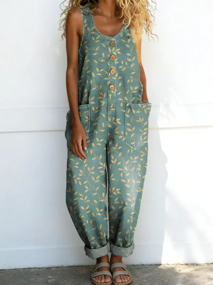 Women's Vintage Floral Pattern Art Print Casual Cotton Denim Jumpsuit