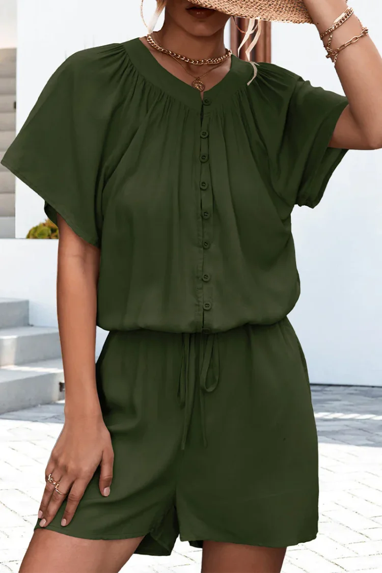 Casual Daily Solid Buttons O Neck Loose Jumpsuits