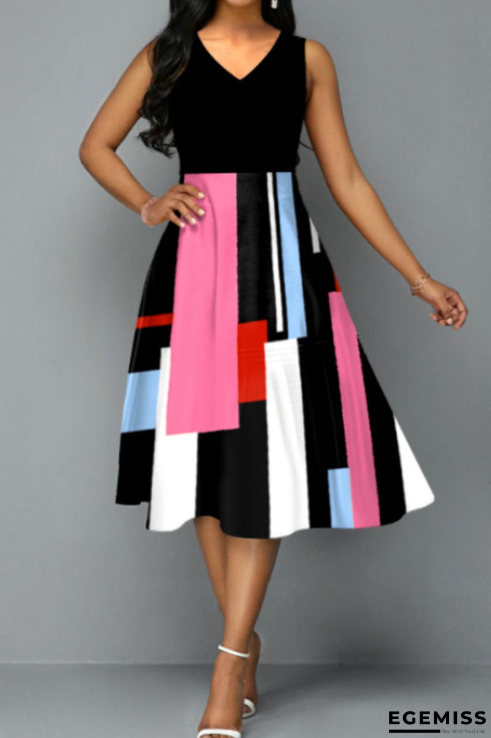 Black Casual Print Patchwork V Neck A Line Dresses | EGEMISS