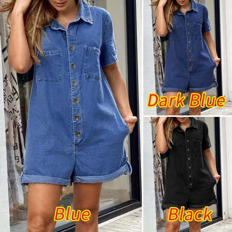 VONDA 3 Colors Rompers Women Playsuits Casual Shorts Sleeve Solid Pleated Jumpsuits Dungaree Lapel Collar Button Up Overalls