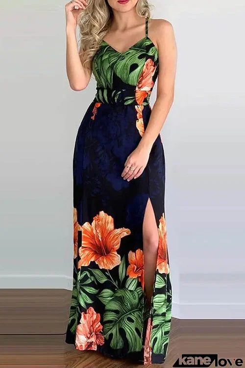 Tropical Print Slit Crisscross Backless Maxi Dress