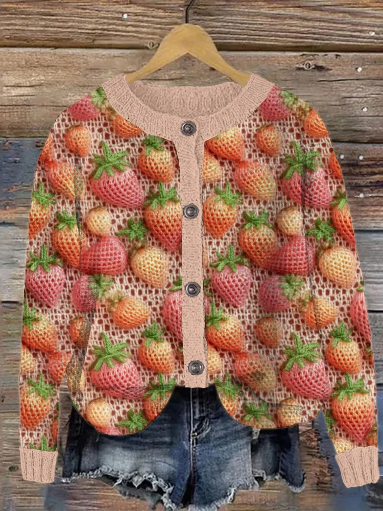 VChics Strawberry Colorful Crochet Art Cozy Knit Cardigan